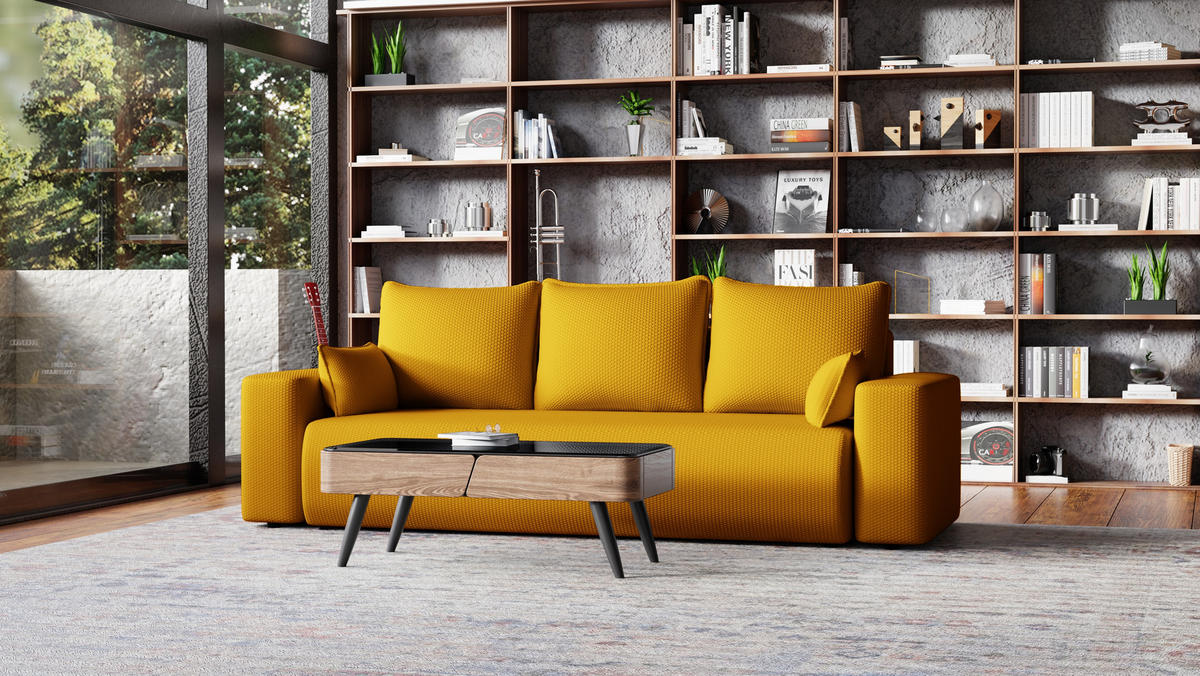 SOFA Bubi mit Bettkasten und Schlaffunktion, Cordstoff - Honig, Holzwerkstoff (242/85/95cm)