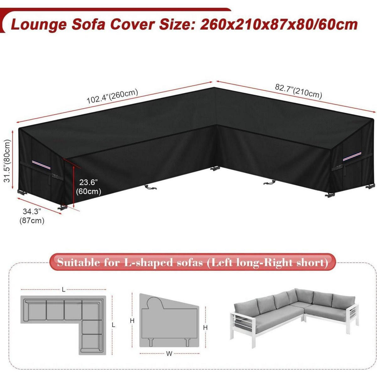 GARTENLOUNGE Abdeckplane L-Form 260x210x87x80/60cm Wasserdicht - Schwarz, Kunststoff (1/1/1cm)