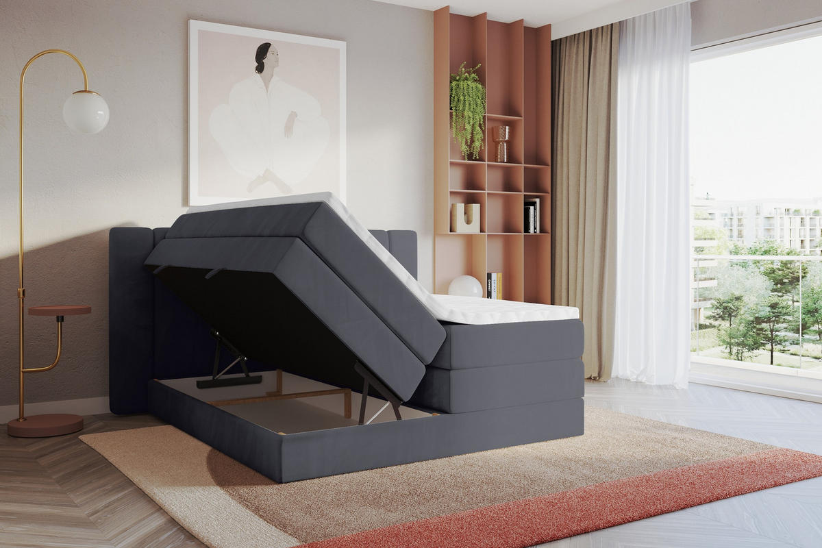 BOXSPRINGBETT mit Matratze H3/H4 - EVON KING - 140x200 cm Dunkelgrau - Dunkelgrau, Holzwerkstoff (140/200cm) - ALTDECOR