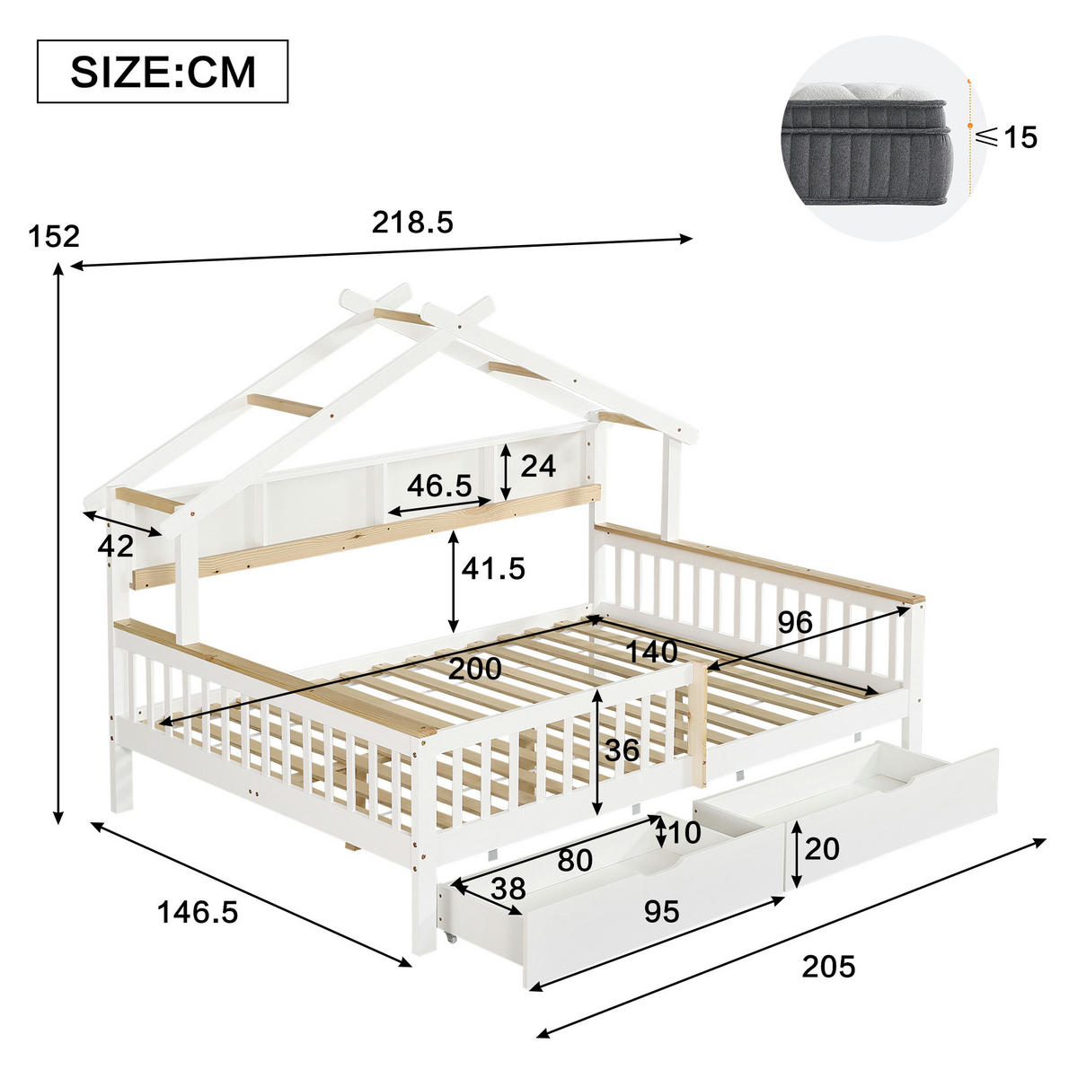 DETSKÁ posteľ 140/200 cm z masívu a MDF, biela/prírodná, s domčekovým dizajnom a zásuvkami - biela, drevo (140/200cm) - BEAOK