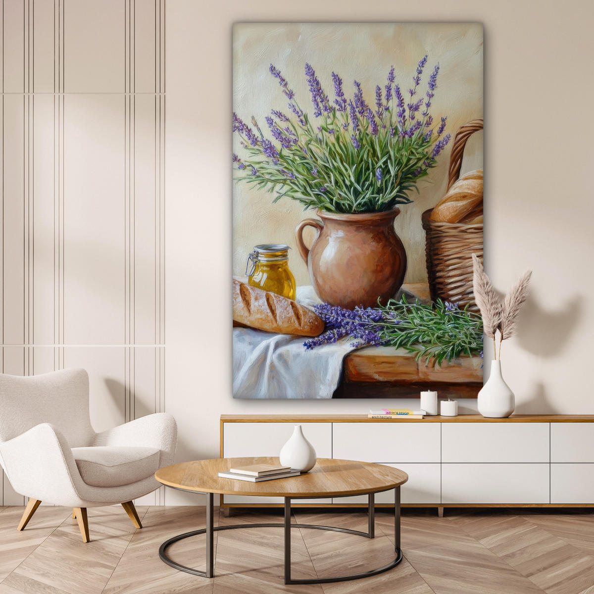 LEINWANDBILD Lavendel - Brot - Stilleben Deko Groß 90x140 cm - Flieder, Textil (90/140cm) - MuchoWow