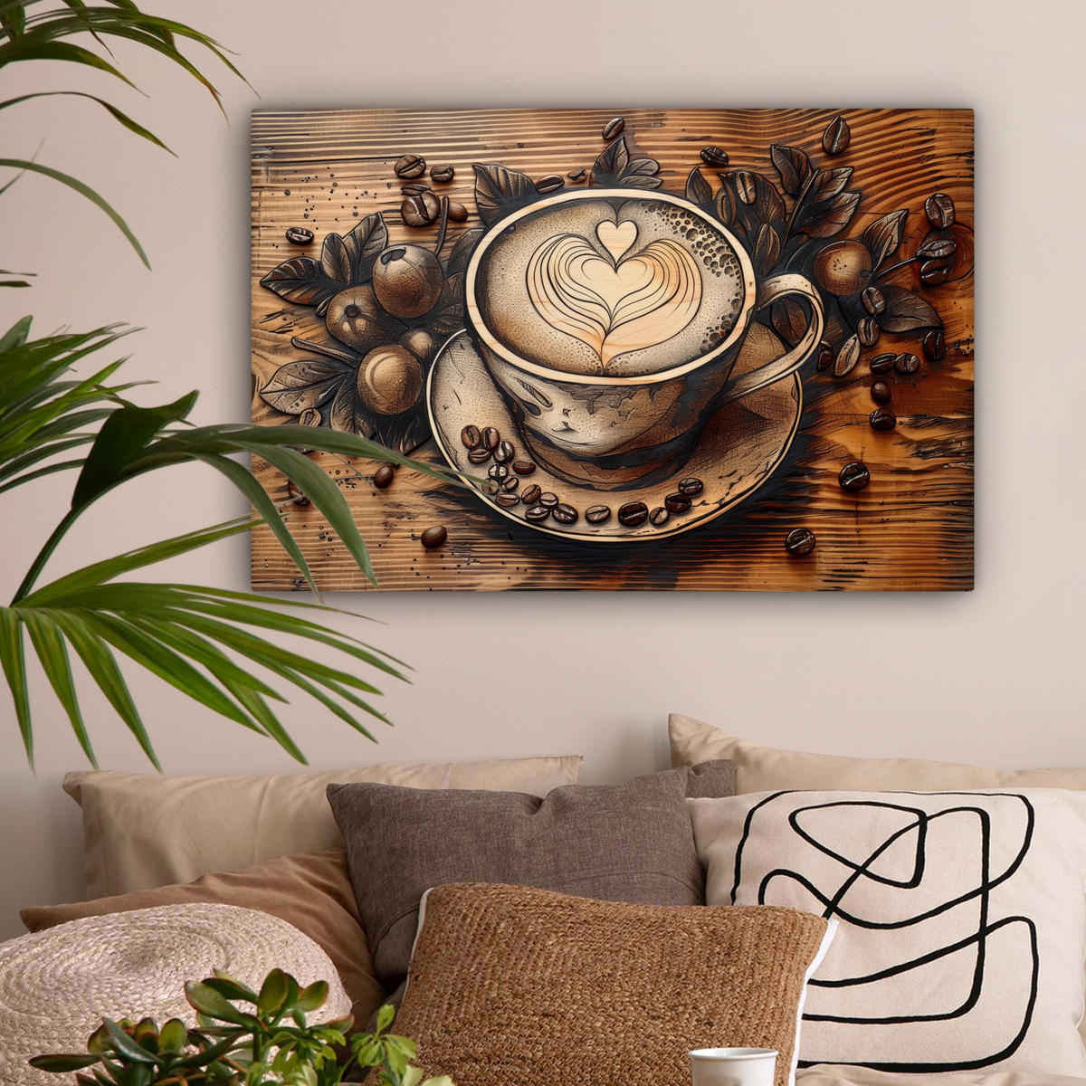 LEINWANDBILD Kaffee - Vintage - Braun - Tasse - Holz Gemälde 60x40 cm - Braun, Textil (60/40cm) - MuchoWow