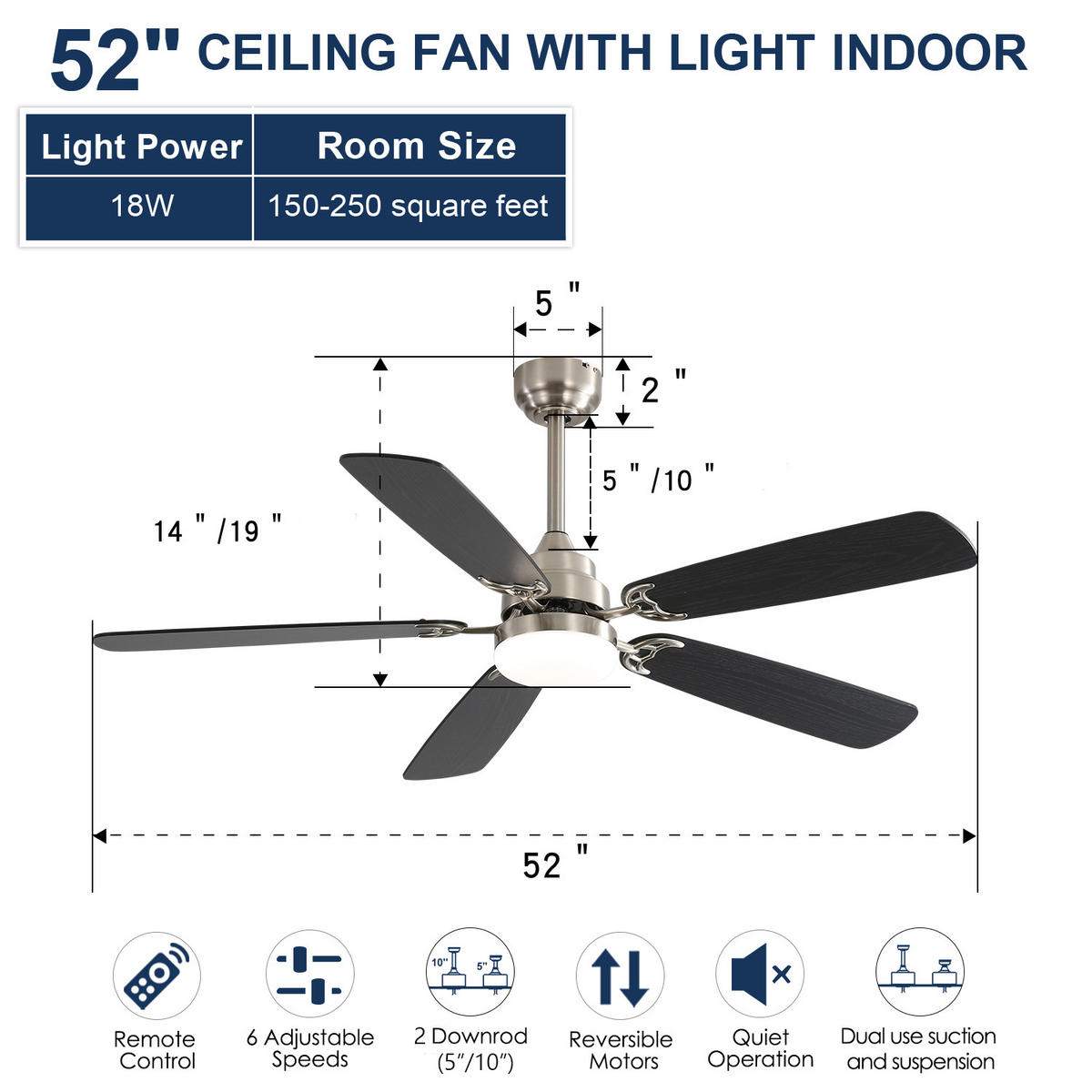 DECKENVENTILATOR DE-16265 132 cm mit LED & Memory-Funktion Schwarz - Schwarz, Holzwerkstoff (132.08/132.08/19.3cm) - ComfortXL