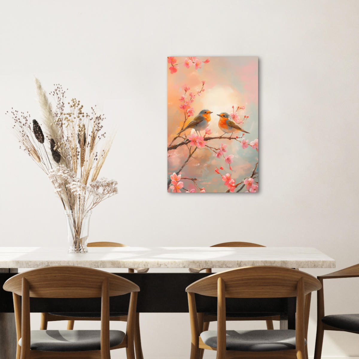 LEINWANDBILD Rotkehlchen - Zierpflanze - Blütenzweig 40x60 cm - Hellrosa, Textil (40/60cm) - MuchoWow