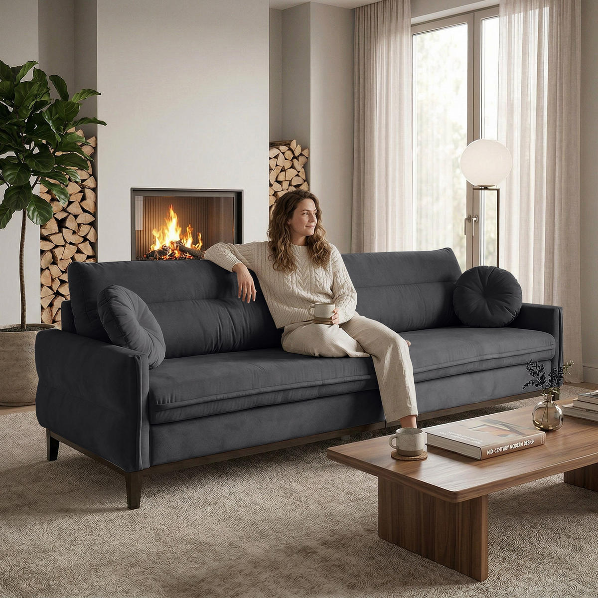 SOFA 3-SITZER Belweder 270 cm, Dunkelgrau, Veloursstoff - Wengefarben/Dunkelgrau, Holz/Textil (268/95/94cm) - Beautysofa