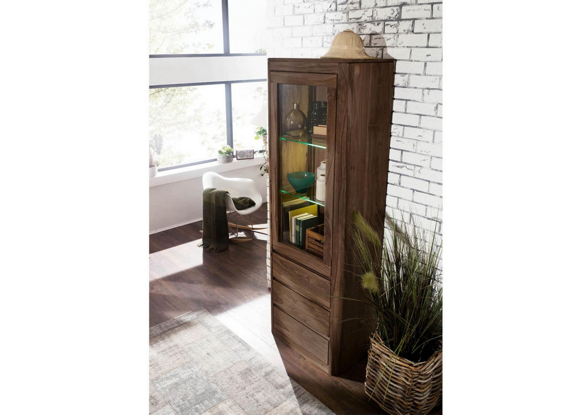VITRINE Sheesham 70x40x202 rot-braun gebeizt TORONTO #110 - Dunkelbraun, Holz (70/202/40cm) - Massivmoebel24