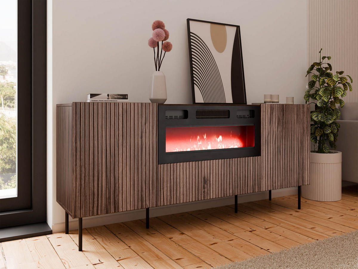 SIDEBOARD Tacos 180 mit Elektrische Kamin - Schwarz/Braun, Holzwerkstoff/Metall (181/81/42cm) - MIRJAN24