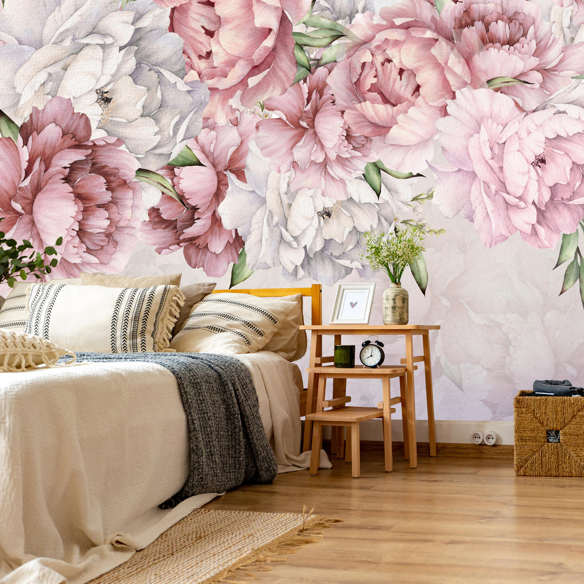 FOTOTAPETE für Schlafzimmer Rosa Zarte Pfingstrosen Natur 100x70 - Violett/Rosa, Papier (100/70cm) - Muralo