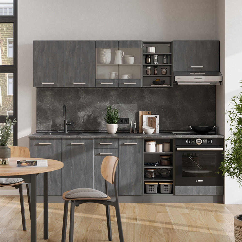 KÜCHENZEILE R-Line Schwarz Beton/Anthrazit 240 cm AP Eiche - Anthrazit/Schwarz, Holzwerkstoff (240/81.6/60cm) - Vicco