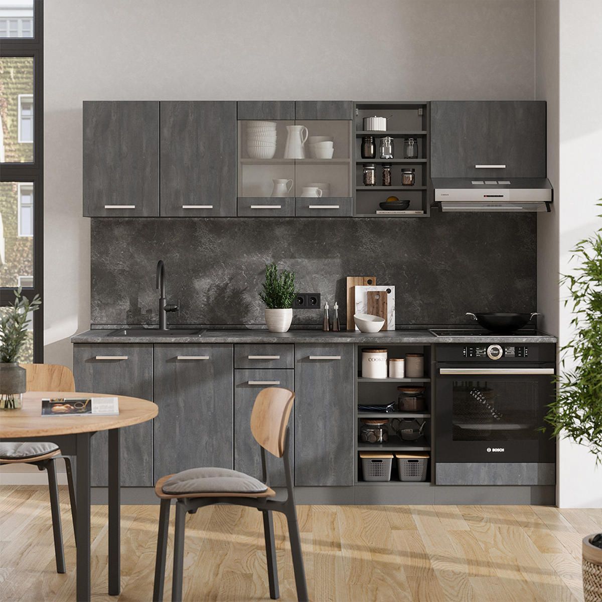 KÜCHENZEILE R-Line Schwarz Beton/Anthrazit 240 cm AP Eiche - Anthrazit/Schwarz, Holzwerkstoff (240/81.6/60cm) - Vicco