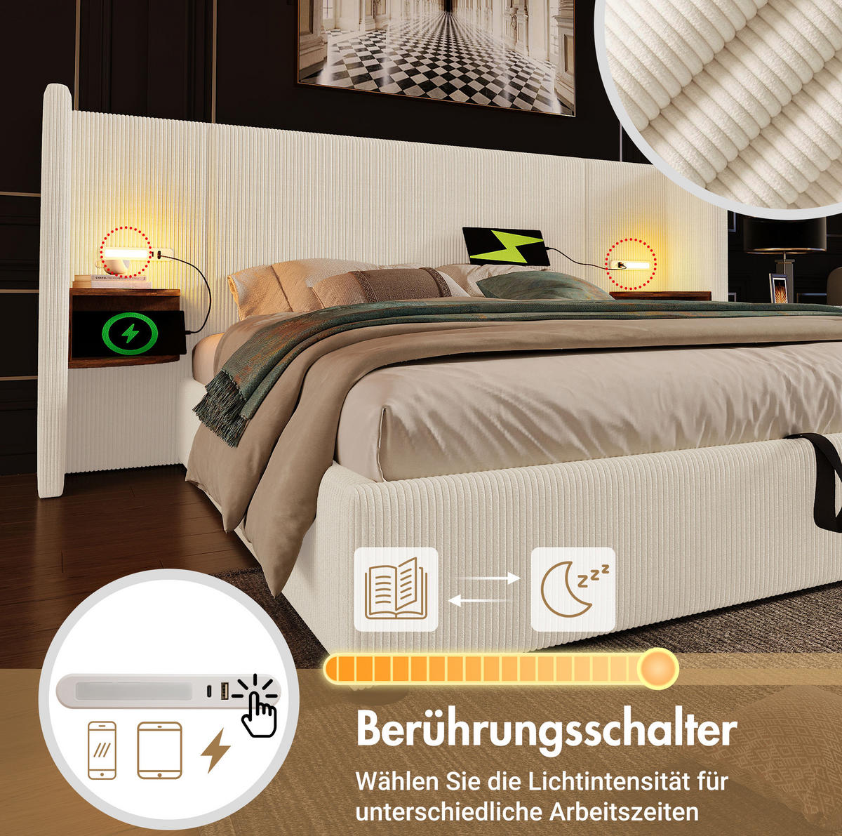 POLSTERBETT 160/200 cm Beige-Weiß aus Cordstoff mit Stauraum - Beige, Textil (160/200cm) - OKMYHOME