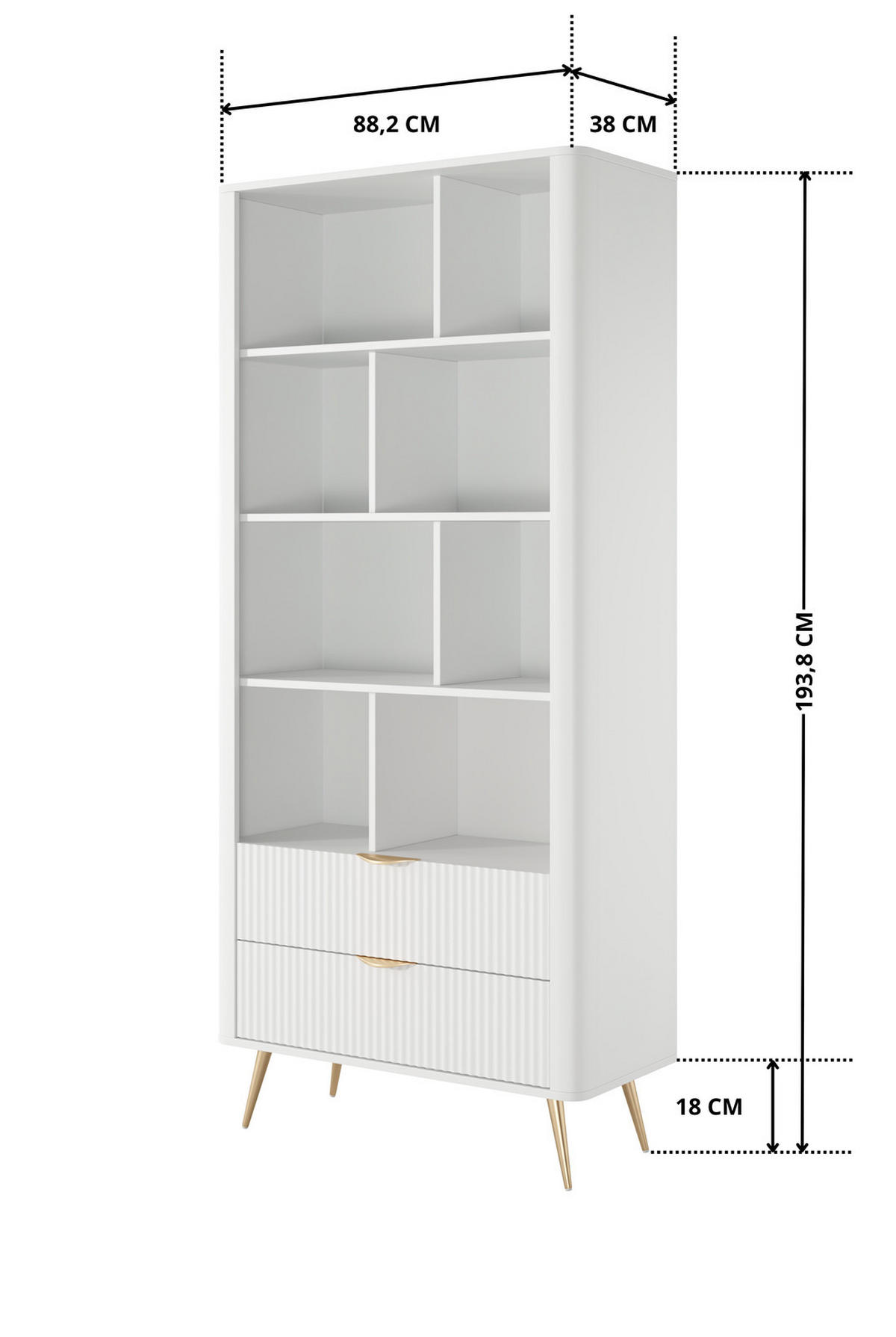 STANDREGAL Flore A Weiß - 88 cm - mit 2 geriffelten Schubladen - Gelb/Goldfarben, Holz/Holzwerkstoff (88/194/38cm) - Ravio