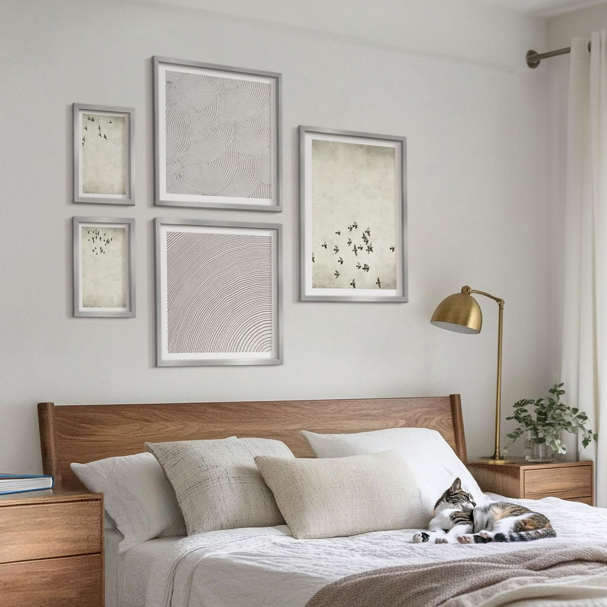 BILDER SET 5er Set - 50x50 cm & 20x30 cm & 40x60 cm Silberner Rahmen - Minimalistische Vogelmalerei - Silberfarben, Kunststoff (40/60cm) - TULUP