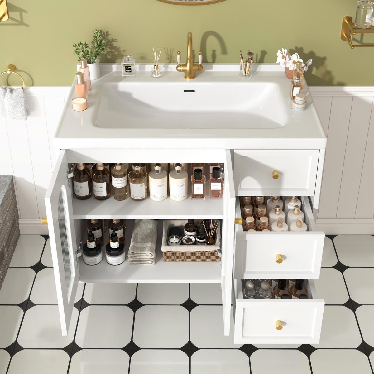 WASCHBECKENUNTERSCHRANK Wandmontierter Badezimmerschrank,Schubladen verstellbare Böden Wellenglas Goldgriffe - Transparent/Weiß, Keramik/Holzwerkstoff (80/58/50cm) - EVRYAE