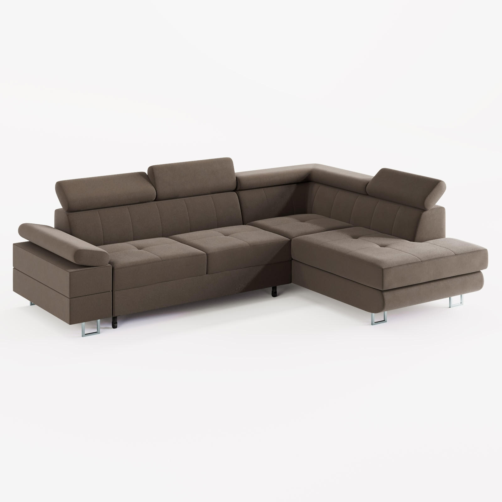 ECKSOFA CAROLINE Rechts Braun matter Veloursstoff mit Schlaffunktion und Bettkasten - Chromfarben/Braun, Textil (253/190cm) - Barchello