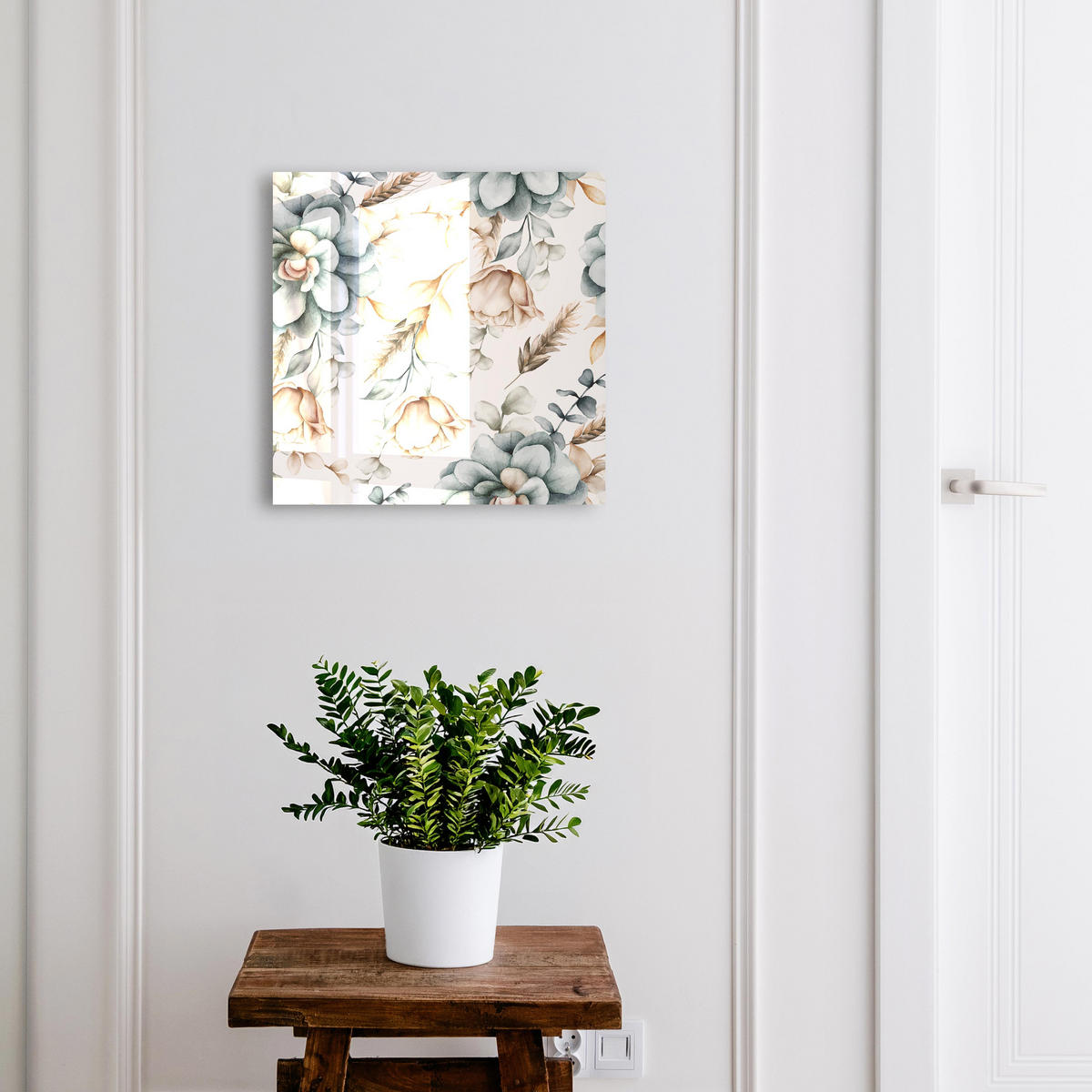 SCHLÜSSELBOX Weiß 30x30 cm – Türöffnung nach rechts - Aquarellblumen - Weiß, Metall (30/30/5cm) - TULUP