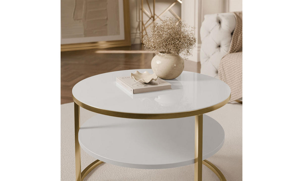 COUCHTISCH CIRI SLIM GLASS Ø60/40 cm gebürstetes Gold / weißes Glas - Goldfarben/Weiß, Glas/Holzwerkstoff (60/60/40cm) - Lookway