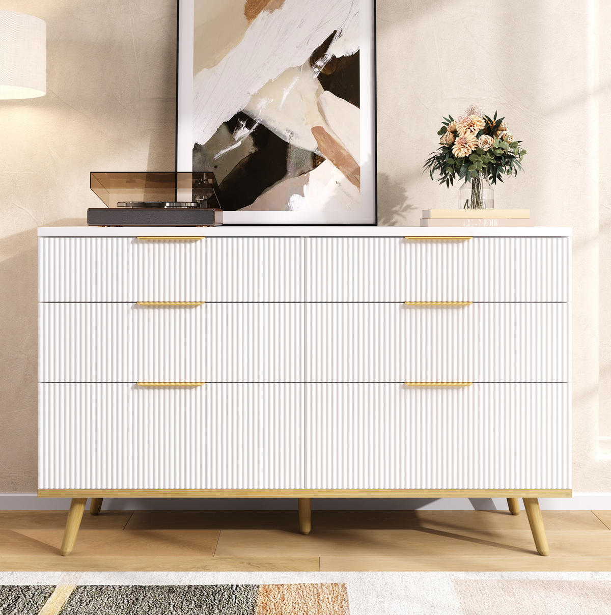 KOMMODE aus Spanplatte 120x40x76,5 cm Weiß mit 6 Schubladen und Holzoptik-Füßen - Weiß, Holzwerkstoff (120/76.5/40cm) - Modfu