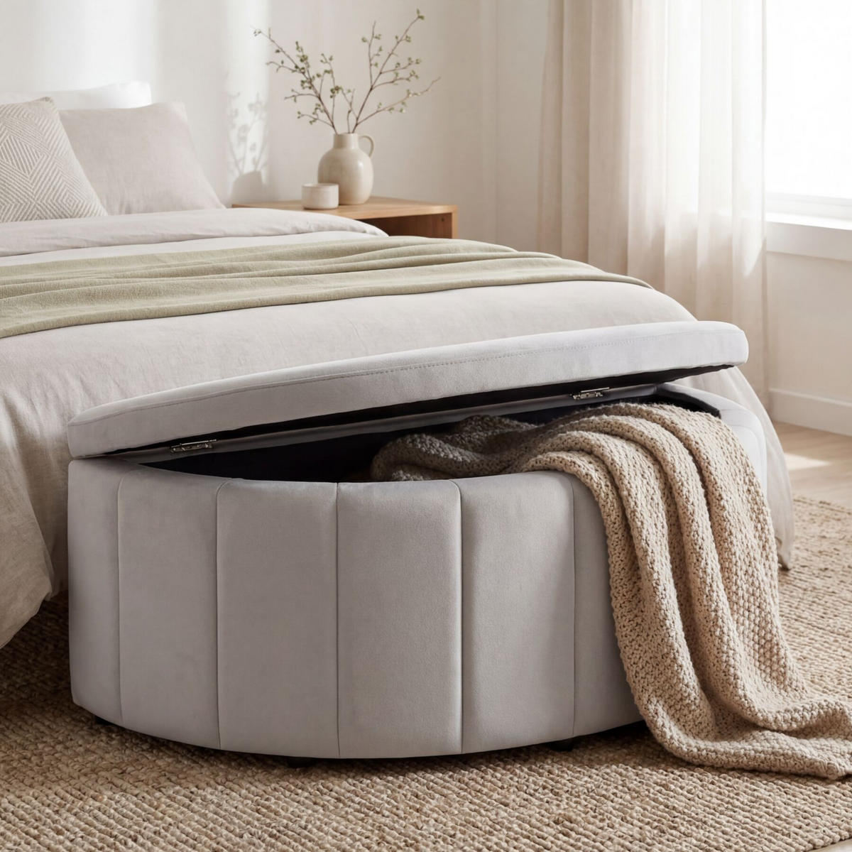POLSTERBANK Moon mit großem Stauraum, Belastbarkeit 150 kg, 108 x 48 x 38,5 cm, Samtoptik taupe - Taupe, Holz (108/40/48cm) - tectake