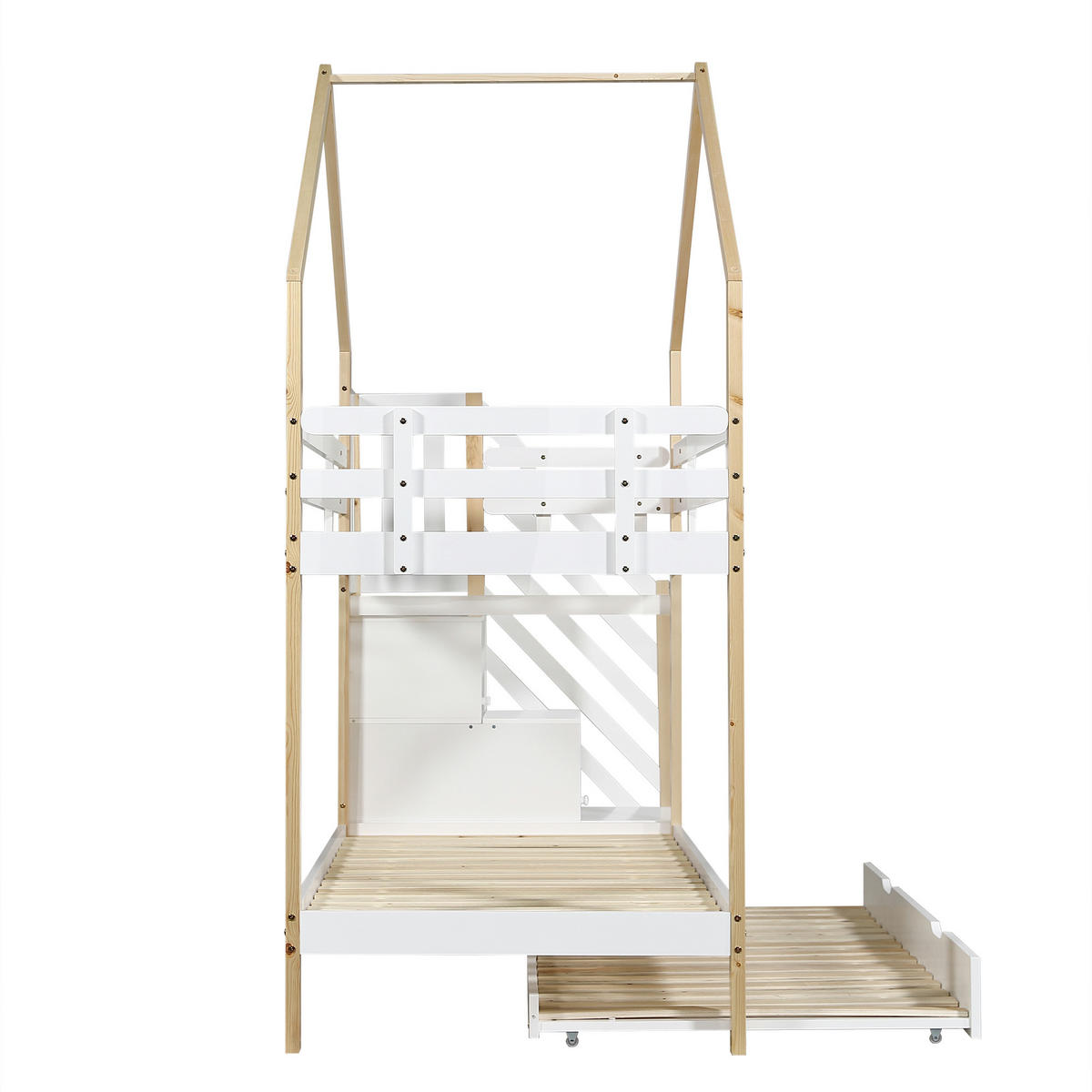 ETAGENBETT 90/200 cm & 90/190 cm in Weiß & Natur Kinderbett mit Schubladen, Ausziehbett und Absturzsicherung Hausbett-Design - Naturfarben, Holz (90/200cm) - STILVORA