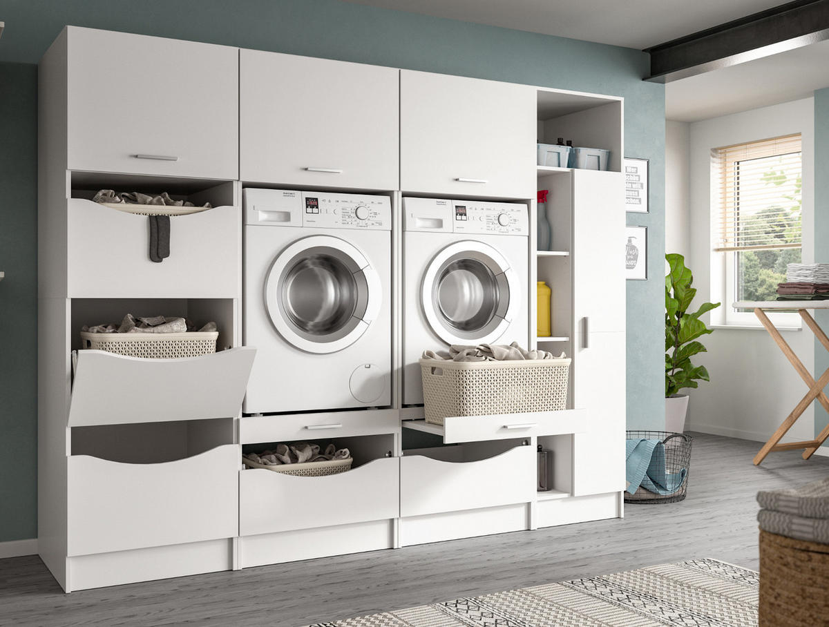 WASCHMASCHINENSCHRANK weiß Set 4-teilig, Waschmaschinenumbau 242 cm mit viel Stauraum - Silberfarben/Weiß, Glas/Holzwerkstoff (242/192/68cm) - Inn.Furn