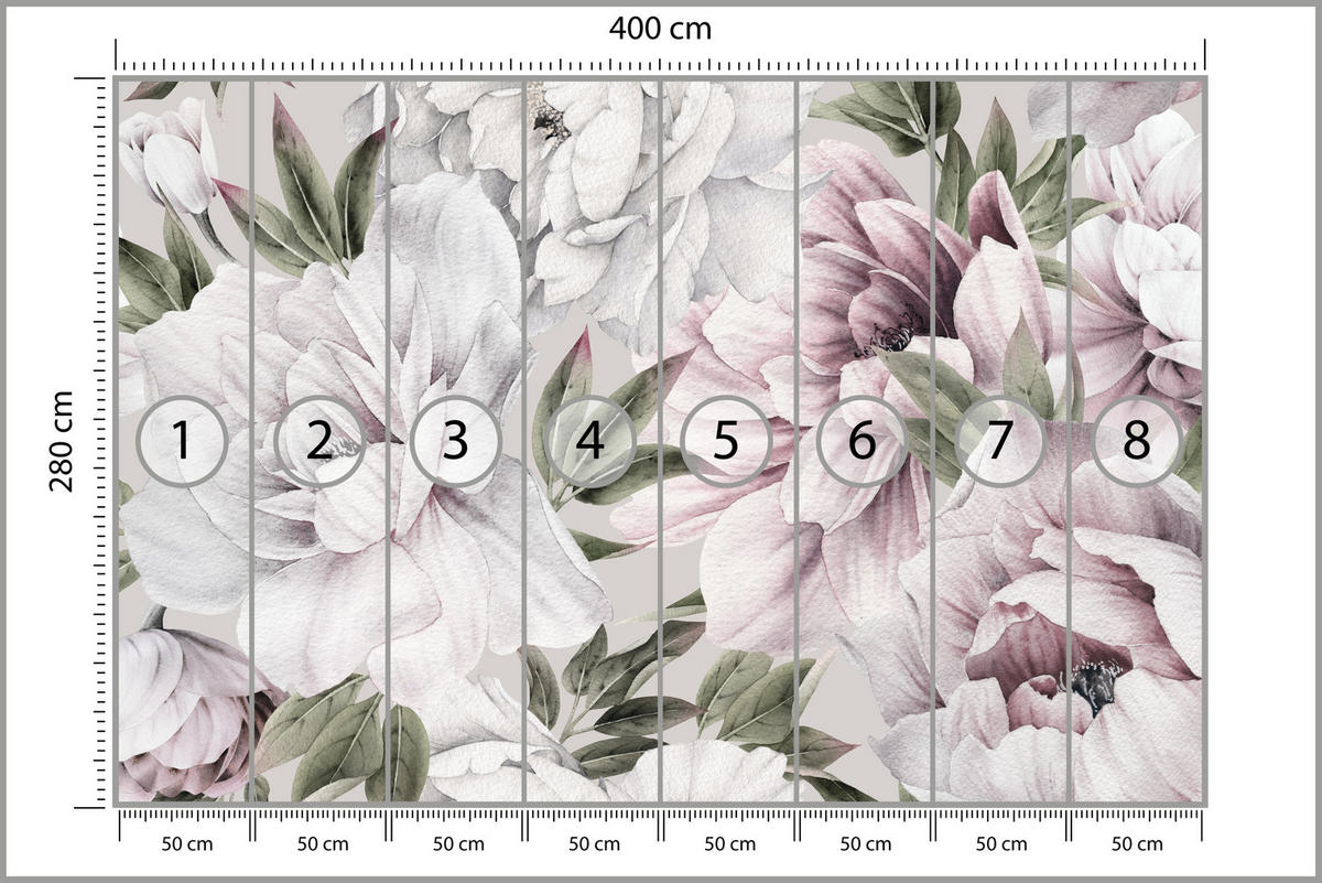 FOTOTAPETE für Schlafzimmer Pastell Pfingstrosen Boho Pflanzen 400x280 - Violett/Rosa, Papier (400/280cm) - Muralo