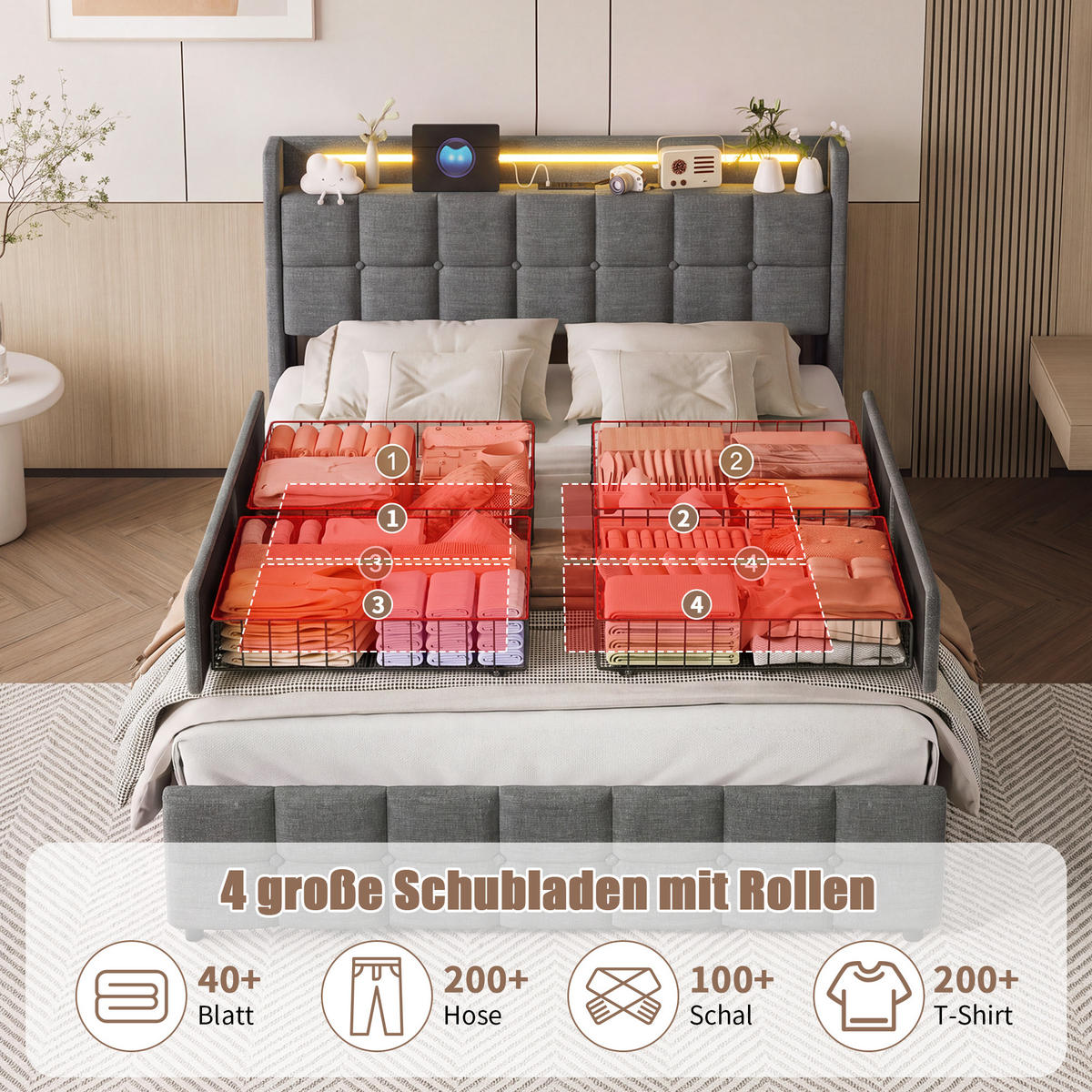 POLSTERBETT 160/200 cm, Grau, mit Lattenrost und Schubladen, ohne Matratze - Naturfarben/Grau, Holz/Metall (160/200cm) - FURNISHINGS HOME