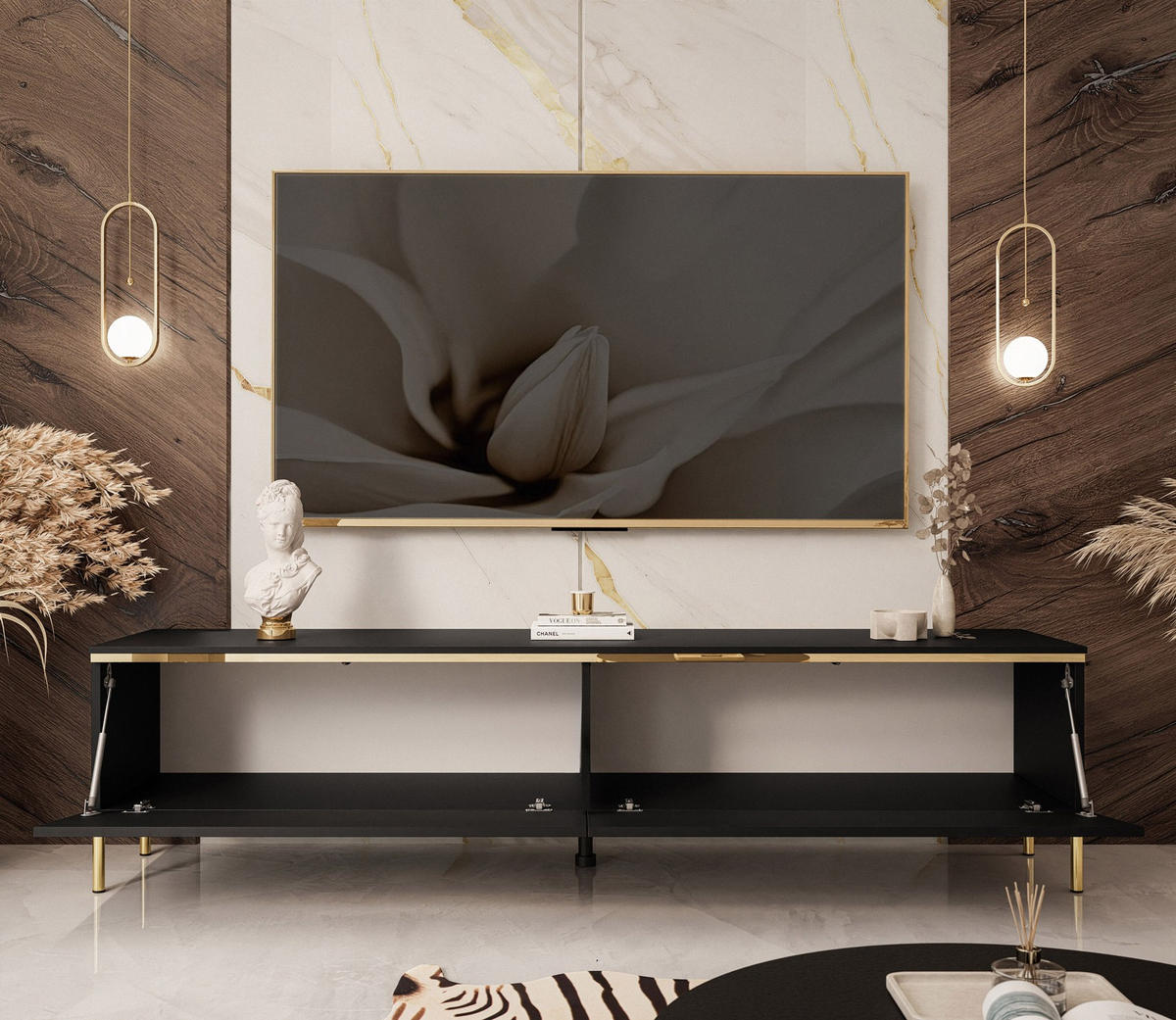 TV-LOWBOARD AURORA Schwarz Matt mit gerade Goldchrom Fuße und LED Beleuchtung - Goldfarben/Schwarz, Holzwerkstoff/Metall (180/46/40cm) - Lookway