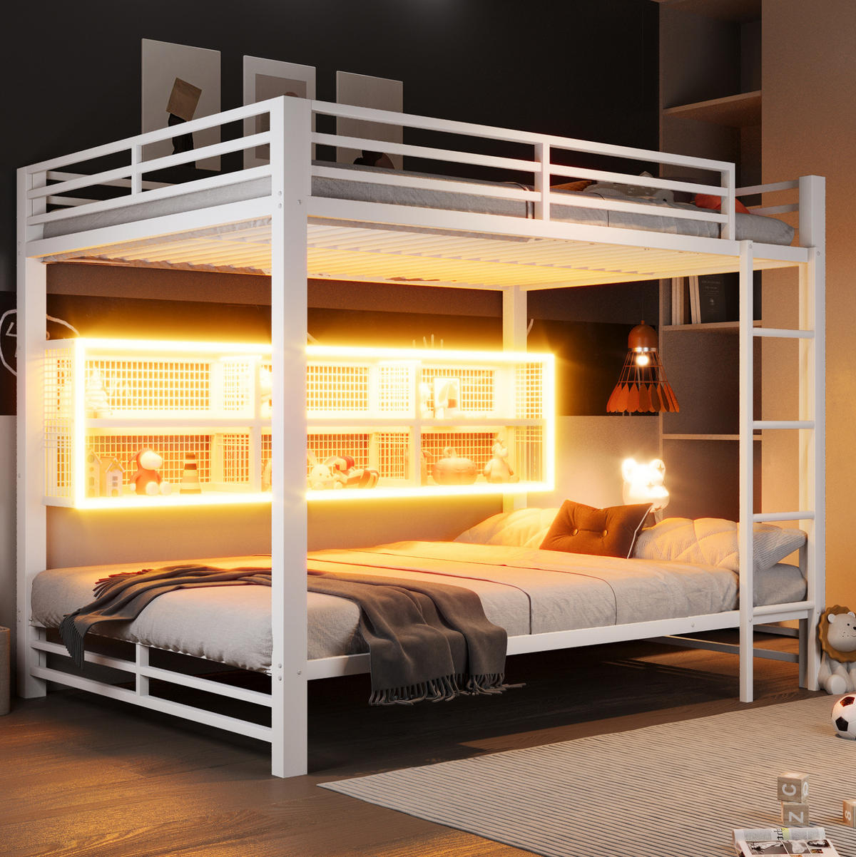 ETAGENBETT 140/200 cm in Weiß aus Metall mit 6 Stauraumschränken und LED - Weiß, Metall (140/200cm) - Flora Grace
