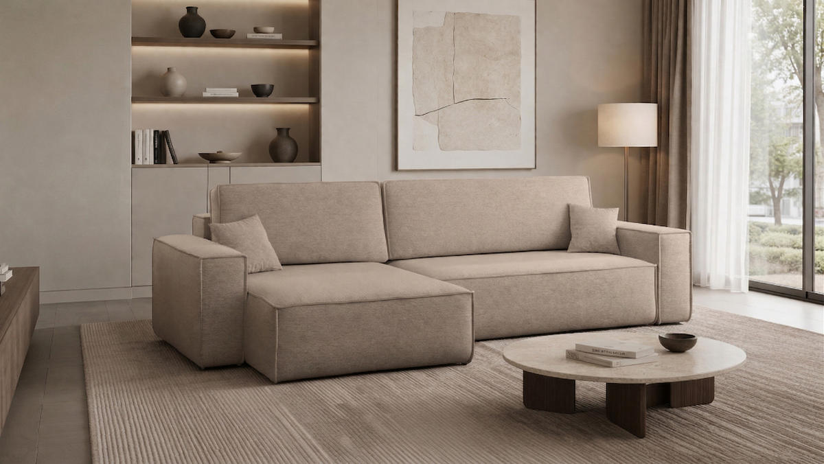 ECKSOFA Mit Schlaffunktion Und Bettkasten, Eckcouch Best XL Stoff Verita Warmbeige Links - Sandfarben, Holz (145/274cm) - Kaiser Möbel