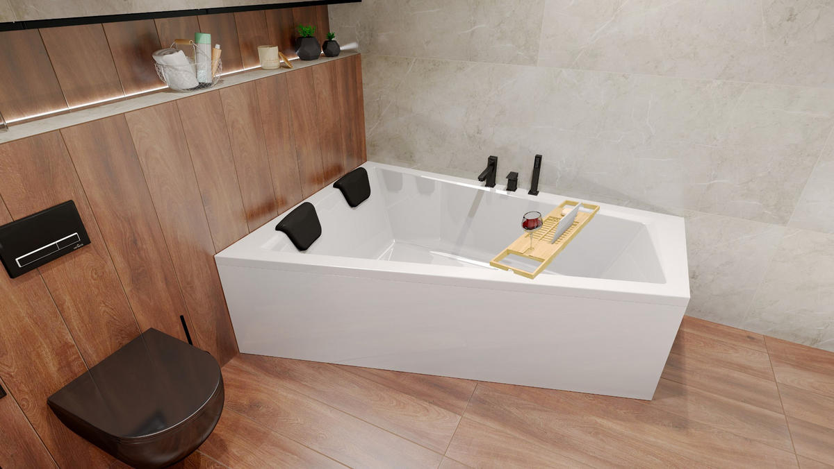 BADEWANNE Eckwanne INTIMA 150/85 Links Ablauf Füße + 2 Kopfstütze + Ablage - Weiß, Kunststoff (85/55.5/150cm) - bad land