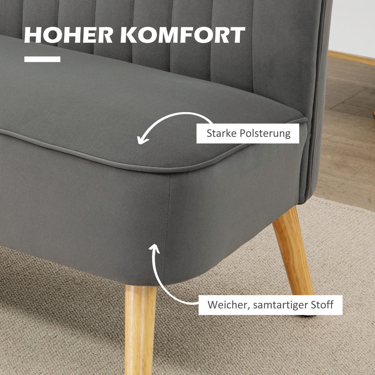 2-SITZER Sofa Zweisitzer, Loveseat mit Leinenoptik, Doppelsofa mit Holzbeine - Dunkelgrau/Graubraun, Holz/Textil (56.5/77/117cm) - HOMCOM