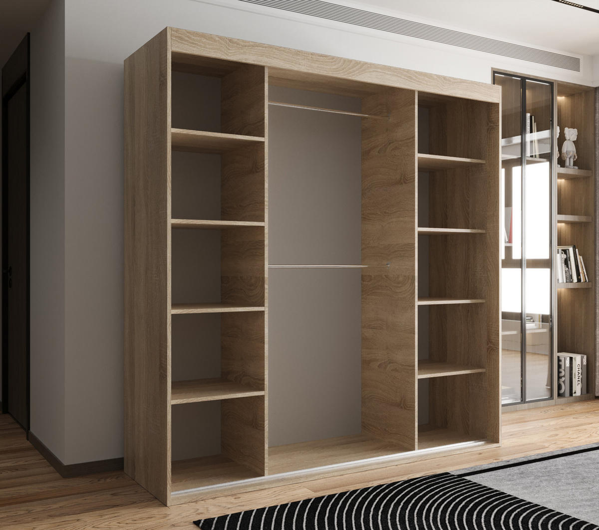 SCHIEBETÜRENSCHRANK OTARIO, 3-türig Kleiderschrank mit 1 Spiegel, Moderne Garderobe, Schrank in Größe: 180 x 205 x 60 cm - Braun, Holzwerkstoff (180/205/60cm) - O-Sofa