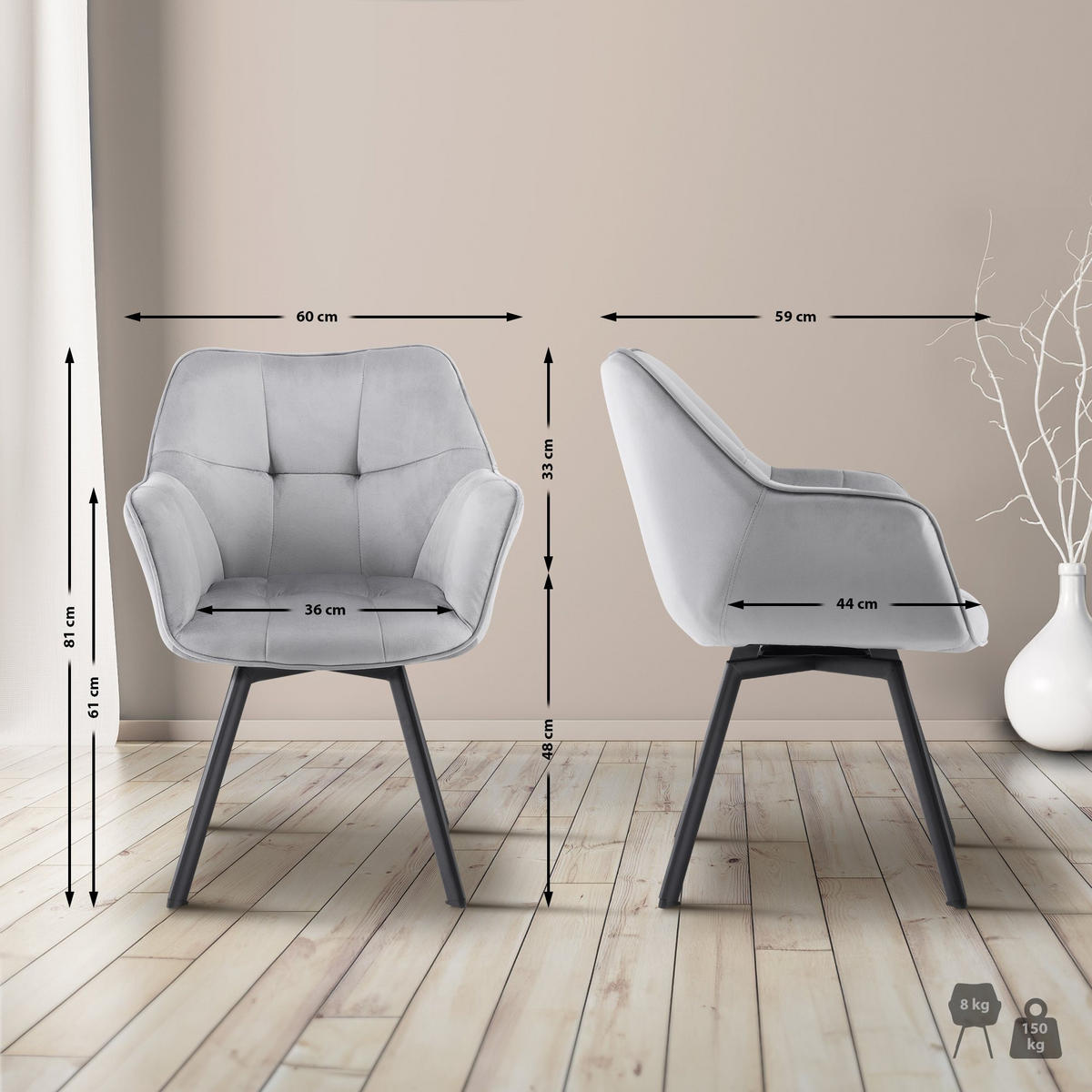 ESSZIMMERSTUHL 2er Set Samt Dunkelgrau - Dunkelgrau/Schwarz, Textil/Metall (60/81/59cm) - CLP
