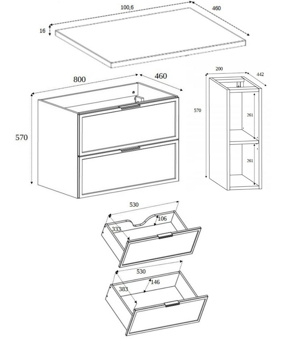 BADEZIMMERSCHRANK, Kaschmir / Dunkelgrau, Schwarze Griffe, 100 (80 + 20) x 46 x 57 cm - Kaschmir/Schwarz, Holzwerkstoff/Kunststoff (100/57/46cm) - 3XE LIVING