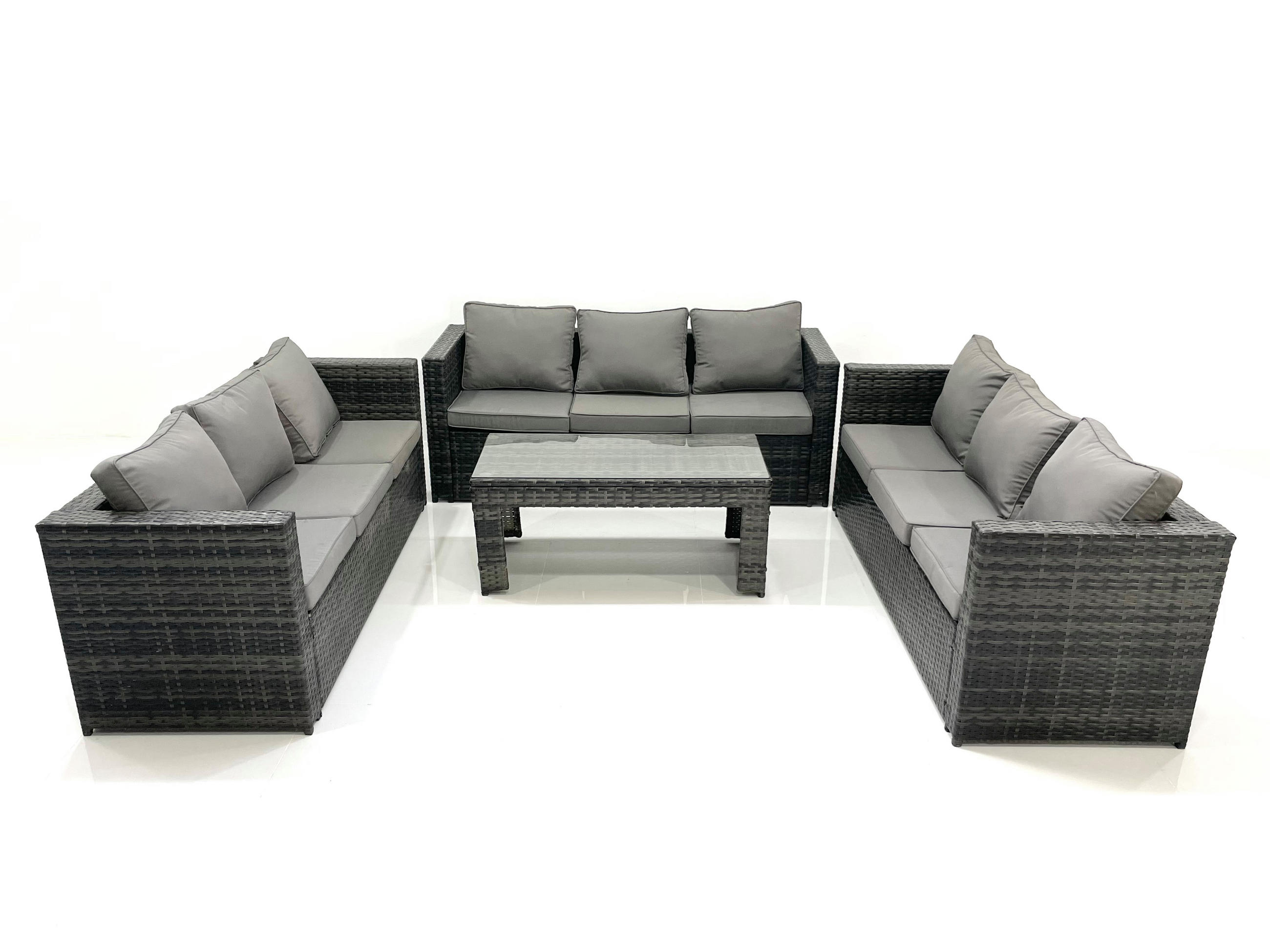 GARTENMÖBEL COUCHTISCH SET mit Sofa Polyrattan Outdoor 9-Sitzer - Dunkelgrau/Grau, Glas/Kunststoff - Fimous