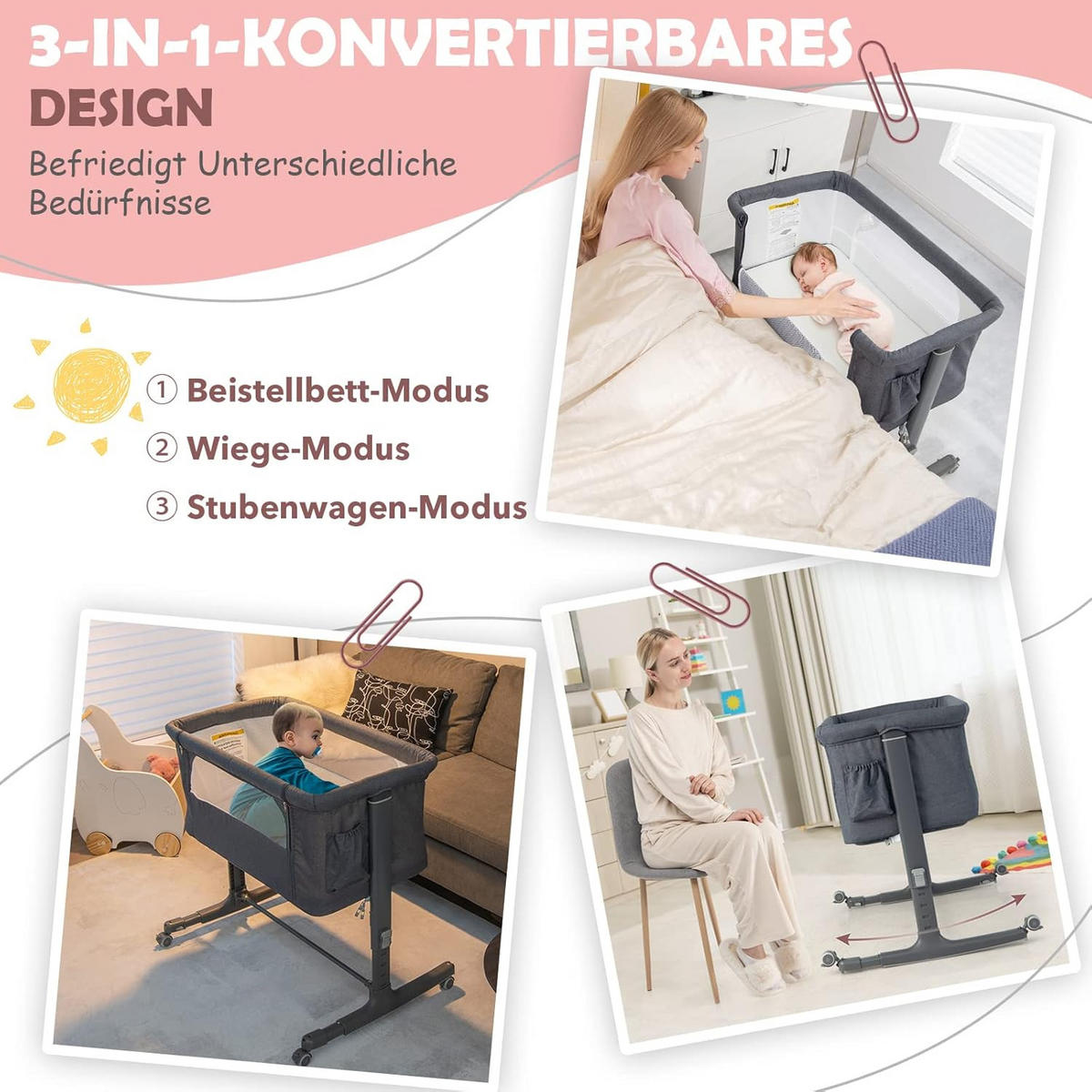 BABYBETT 3 in 1 Beistellbett Grau - Grau, Metall - COSTWAY