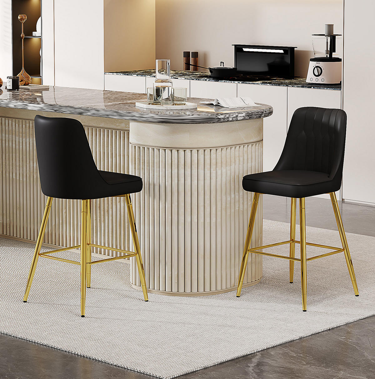 BARHOCKER 2er-Set 100 cm PU-Leder Schwarz mit Metallgestell Goldfarben - Goldfarben, Metall (45/100/42cm) - Meubliv