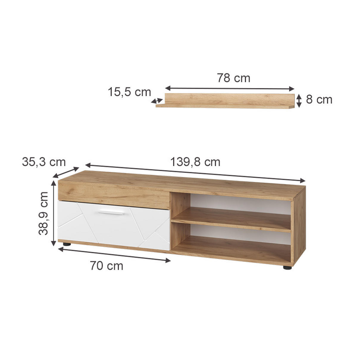 NÁSTĚNNÁ SKŘÍŇKA Berno Zlatá síla dub/bílá - medově dubová, kompozitní dřevo (139.8/38.9/35.3cm) - Vicco