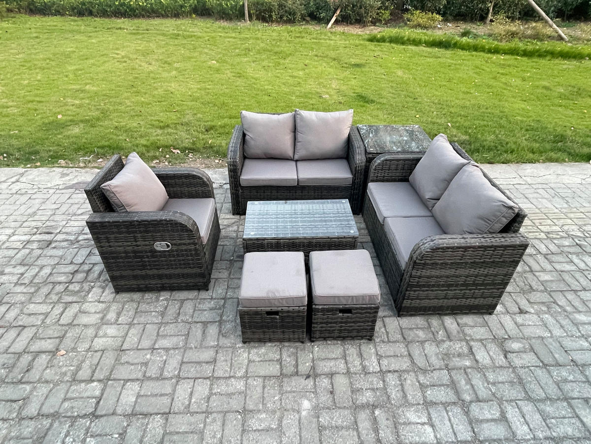 LOUNGESOFA-SET Polyrattan Dunkelgrau 7-Sitzer - Dunkelgrau, Metall - Fimous