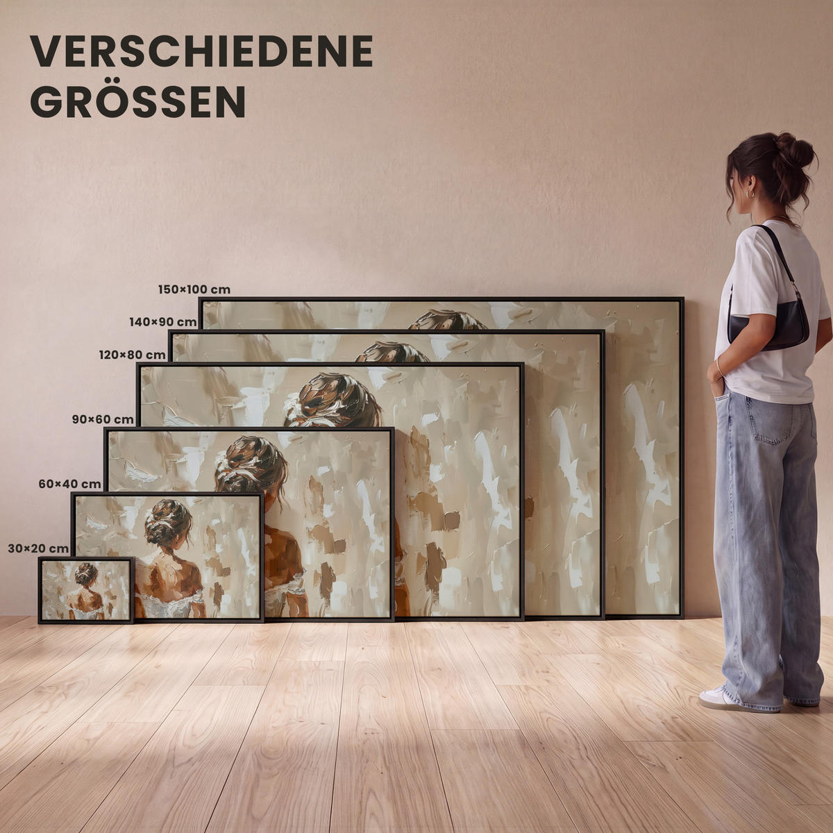 LEINWAND Bilder mit Rahmen - Frau - Farbe - Abstrakt - Beige - Modern - 150x100 - Sandfarben, Textil (150/100cm) - MuchoWow