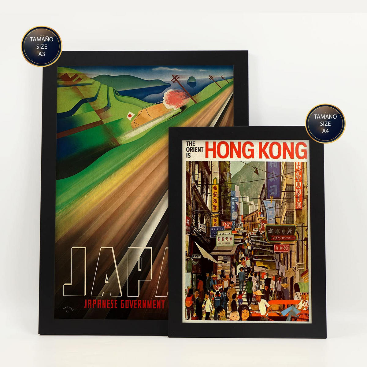 POSTER Set Mit 6 Asien Vollfarbige Illustrationen Von Vintage Tourismus Werbetafeln Aus Der Ganzen Welt Innenarchitektur A3 & A4 Schwarzer Rahmen - Schwarz, Papier (29/3cm) - Nacnic