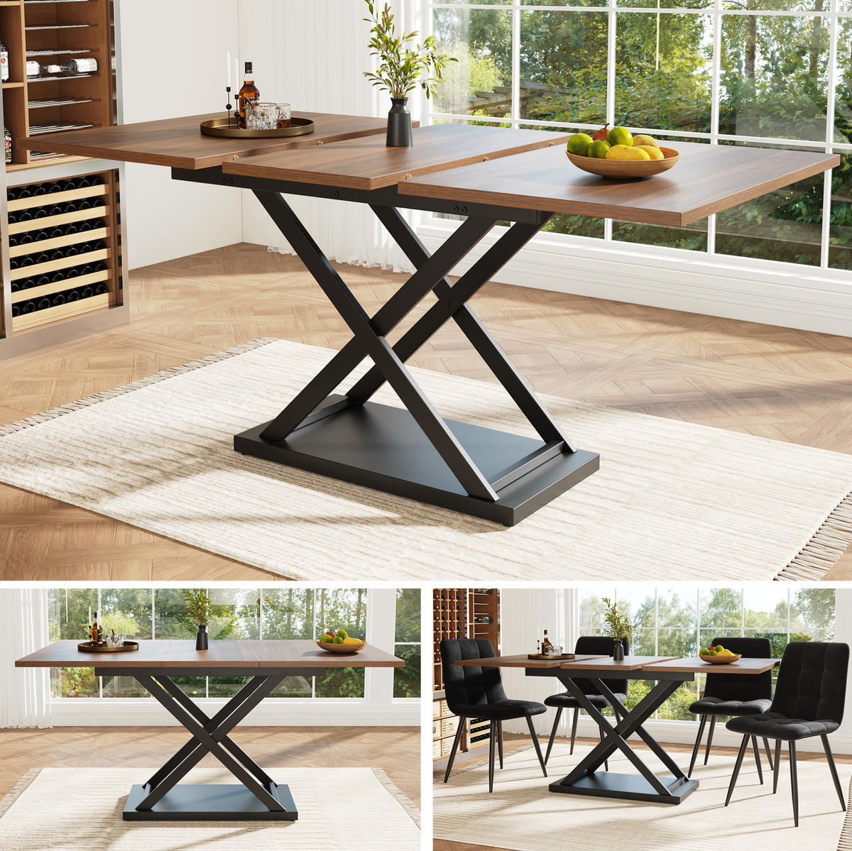 ESSTISCH 120-160/80/75 cm Nussbaumfarben/Schwarz aus MDF und Metall mit Ausziehfunktion - Walnussfarben, Holzwerkstoff (160/80/75cm) - OKMYHOME