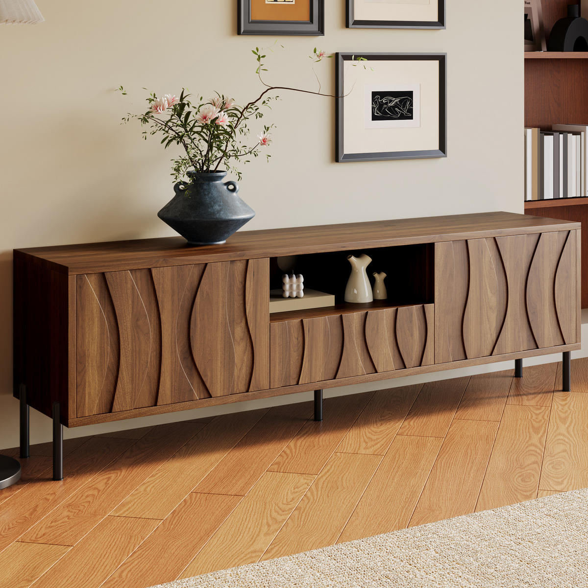 TV-SCHRANK aus MDF 160x35x46 cm Natur mit Kabeldurchführung und Stauraum, wellenförmiges Türdesign - Naturfarben, Holzwerkstoff (160/46/35cm) - Modfu