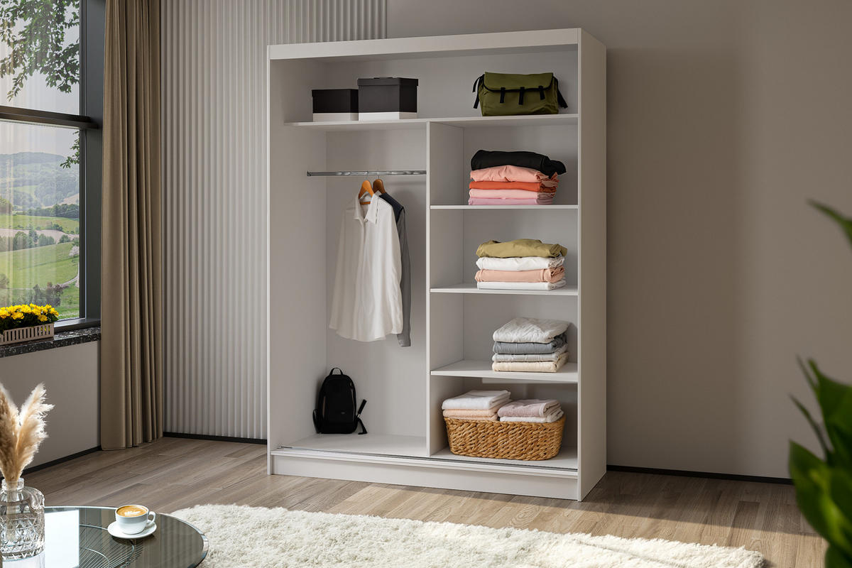 SCHWEBETÜRENSCHRANK Cabinio Weiß Eiche Artisan 160/216/61 cm – mit Spiegel und Lamellen - Walnussfarben/Weiß, Holzwerkstoff/Kunststoff (160/216/61cm) - AX Living