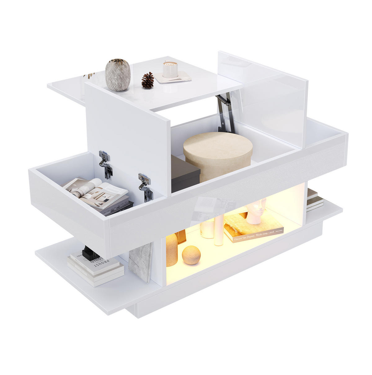 COUCHTISCH 98/45/40 cm mit LED-Beleuchtung, höhenverstellbar und Stauraum - Weiß, Holzwerkstoff (98/45/40cm) - Flora Grace