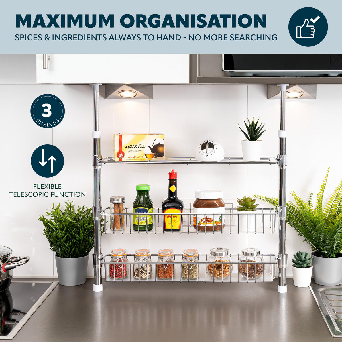 TELESKOP-GEWÜRZREGAL, silber, Metall - Chromfarben, Metall (55/80/14cm) - bremermann