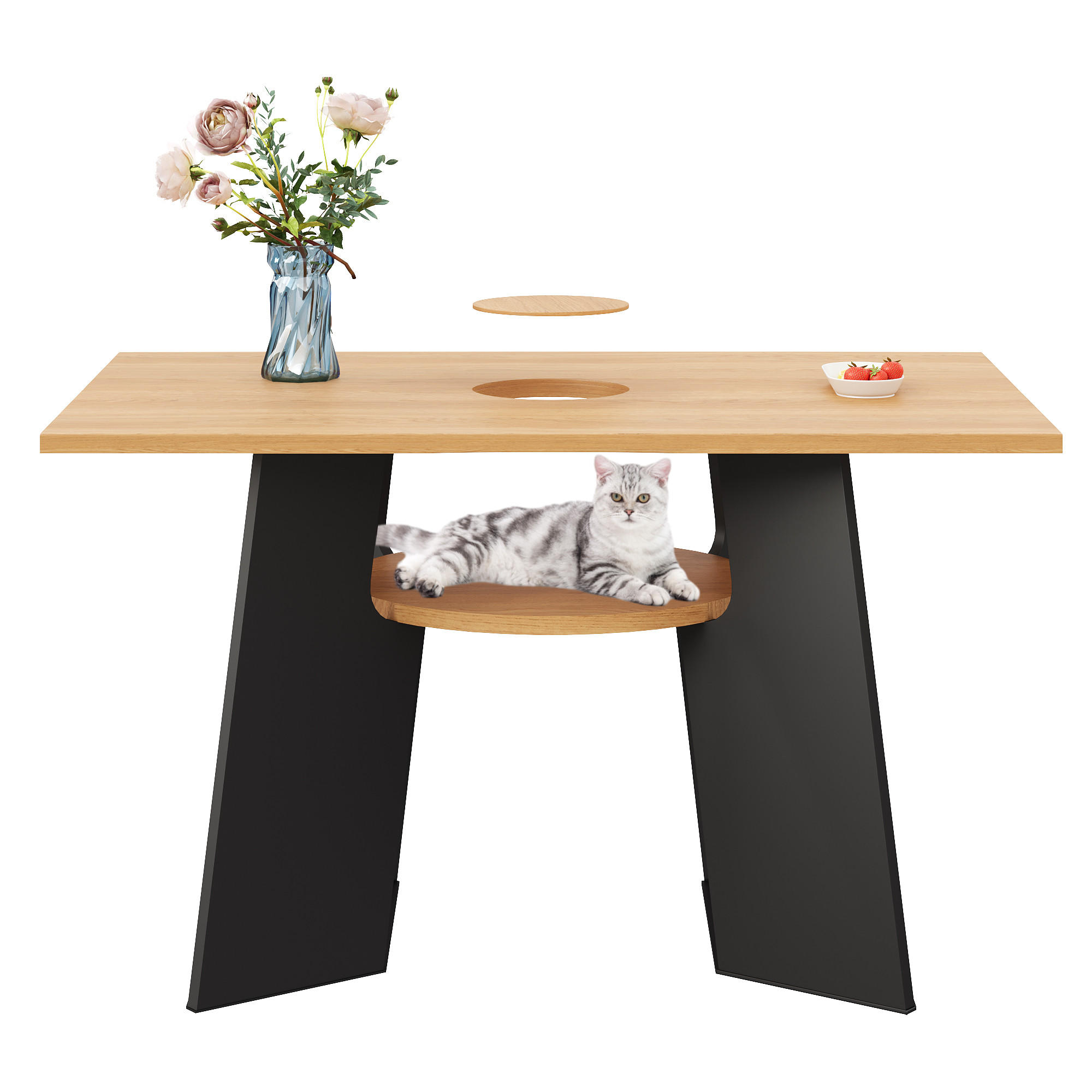 ESSTISCH in Naturholz-Schwarz Mix Küchentisch mit Haustierbereich für Küchen oder Wohnzimmer, L130/B85/H75cm - Schwarz/Naturfarben, Holzwerkstoff (85/130/75cm) - STILVORA