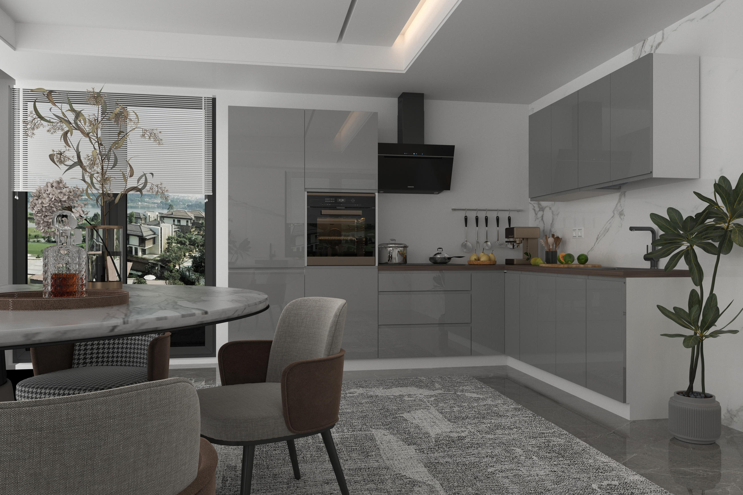 Thumbnail - Eckküche, Grau, Holz, Nachbildung, Formgebogen, 500x212x58 cm, Küchen, Eckküchen, Eckküchen ohne Geräte