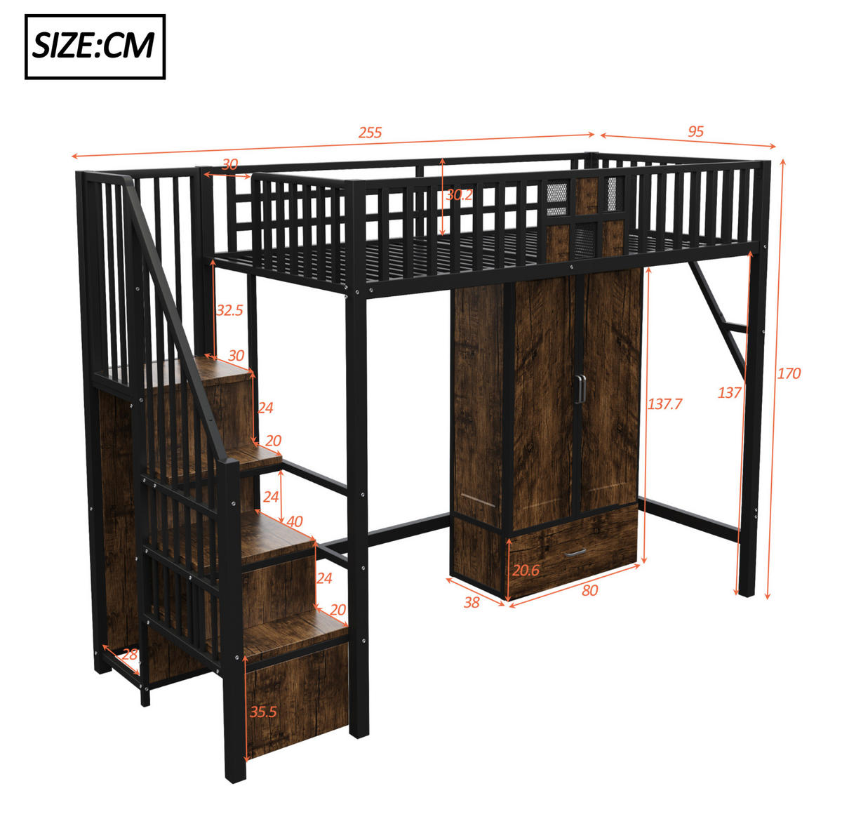 HOCHBETT 90/200 cm Schwarz mit Kleiderschrank und Sicherheitsleiter mit Matratze - Schwarz, Metall (90/200cm) - OKWISH